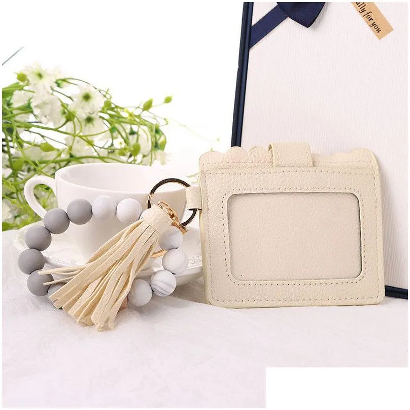 keychain bracelet silicone wallet bead key ring with card holder wristlet car beaded bangle with leather tassel for women girls elastic beads keys cars