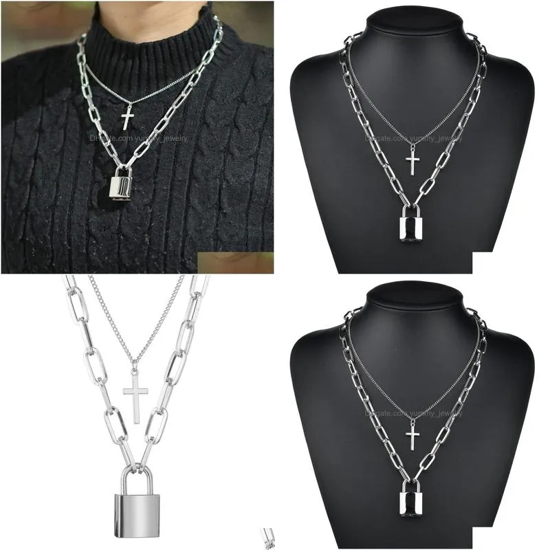 punk cross lock necklace double layer chains necklaces pendants fashion women hip hop jewelry will and sandy gift