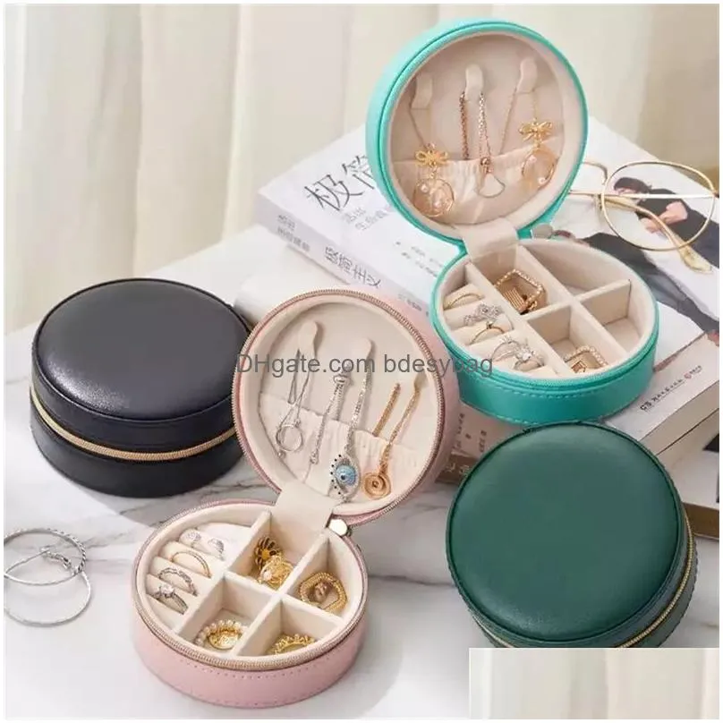 travel jewelry case pu leather bridesmaid gift boxes necklace ring earrings organizer small round jewelry box packaging