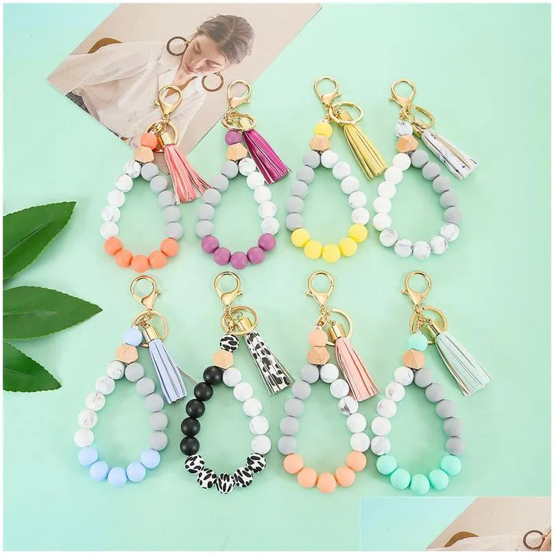 silicone key ring bracelet for women unique stylish beaded bangle wristlet keychain bead keyring tassel house car holder