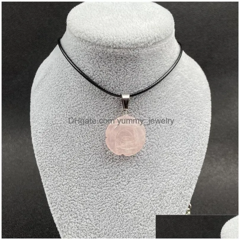 rose flower necklace with rope chain natural stone pink crystal quartz pendant necklaces for women girls fashion design jewelry anniversary valentines day