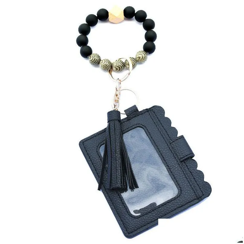 17 colors fashion pu leather bracelet wallet keychain tassels bangle key ring holder card bag silicone beaded wristlet handbag id purse credit pocket for
