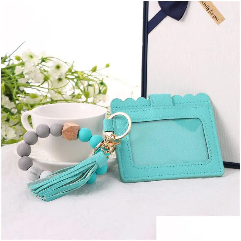 silicone wristlet keychain bracelet with wallet house car letter tassel key ring pocket card holder leopard bangle beaded bead chain for woman