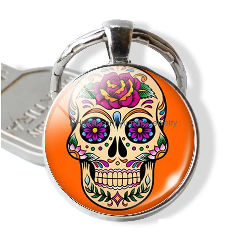cute keychain mexico folk art colorful sugar skull glass pendant metal keyring day of the dead jewelry gift halloween gift