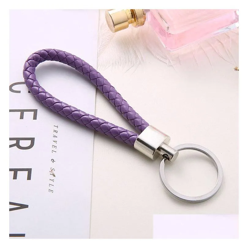 cr jewelry mix color pu leather braided woven keychain rope rings fit diy circle pendant key chains holder car keyrings jewelry