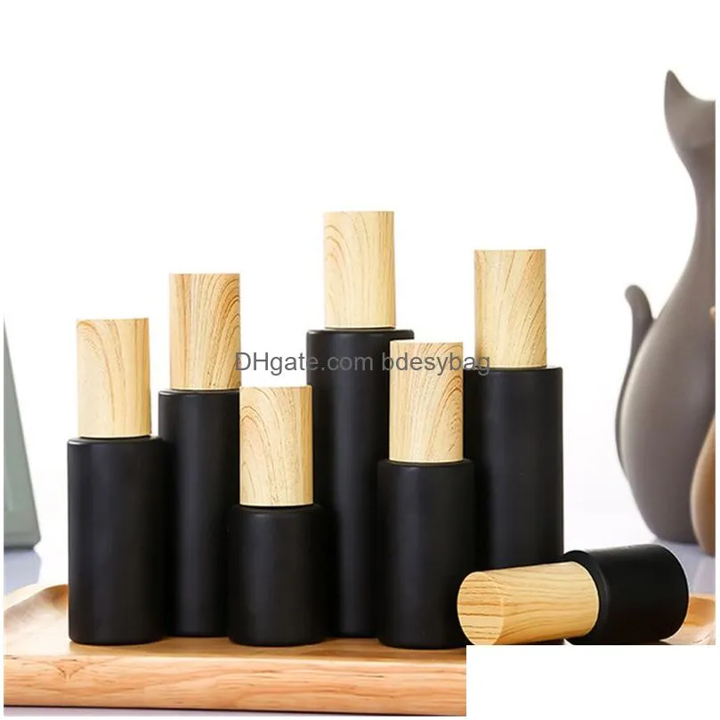 5g 10g 15g 20g 30g 50g 60g 80g 100g black frosted glass cream bottle cosmetic lotion spray pump bottles empty refillable jars container with wood grain plastic