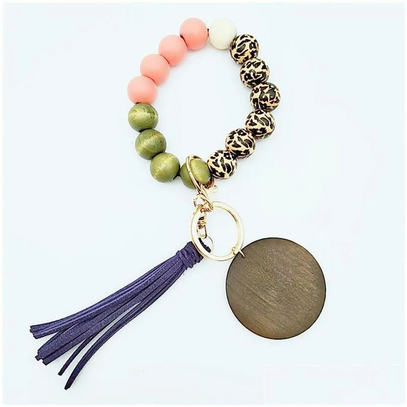 wooden beads wrist keychain pu leather key ring leopard party wood bead bracelet wristband bangle with disk tassel for women wristlet house car keys ring