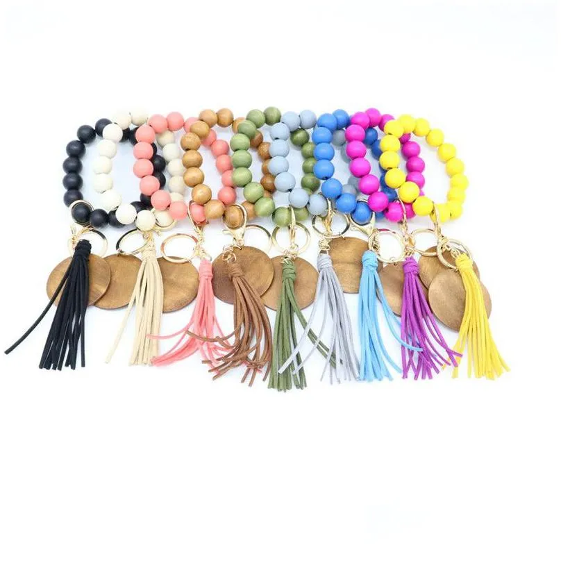 fashion wooden bead bracelets beech tassel key chain party pendant leather bracelet women keychain ladies keychains wood wrist disc wristlet beaded