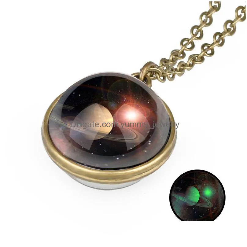 glow in the dark space universe necklace chains glass ball pendant necklaces women girls fashion jewelry will and sandy gift