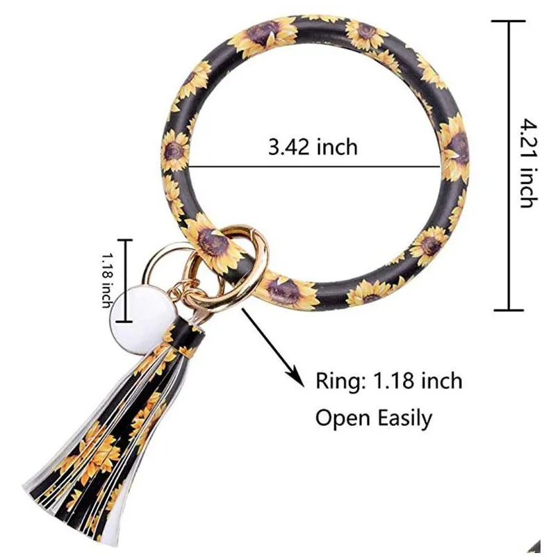 keychain bracelet for women pu leather keyring wristlet house large circle key tassel car keys ring holder for girl sunflower leopard pattern wrap tassels