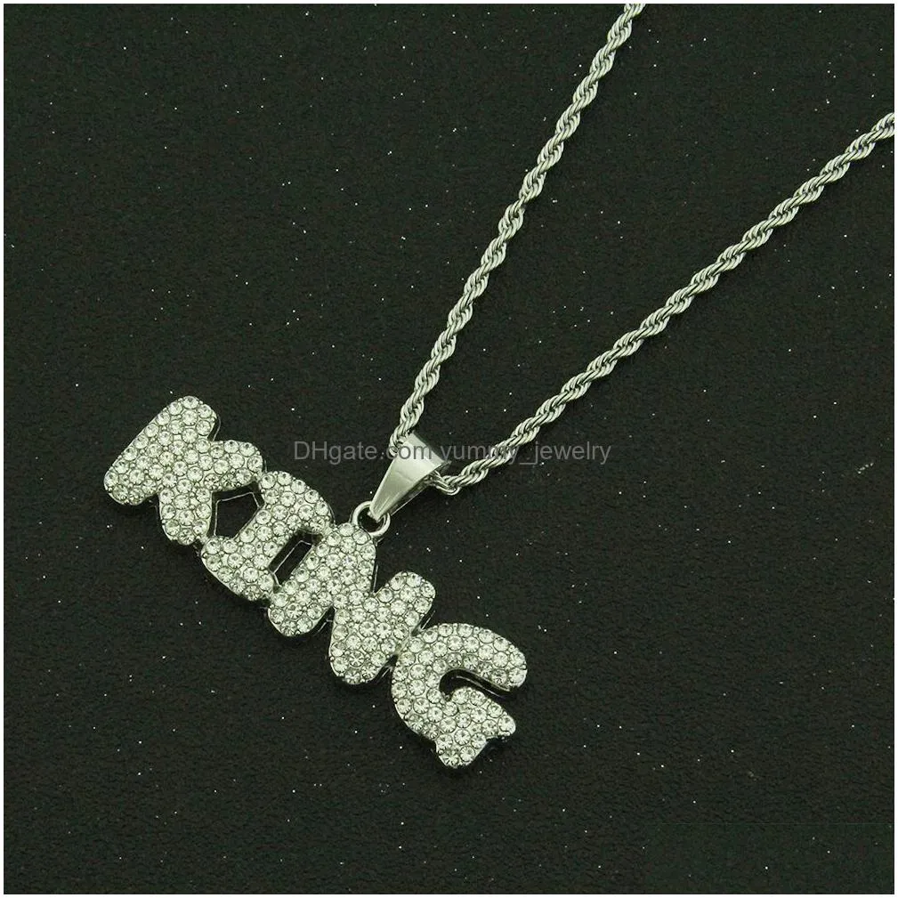 mens iced out necklace fashion hip hop jewelry gold silver twisted rope chain personality alphabet letter king pendant necklace gift for