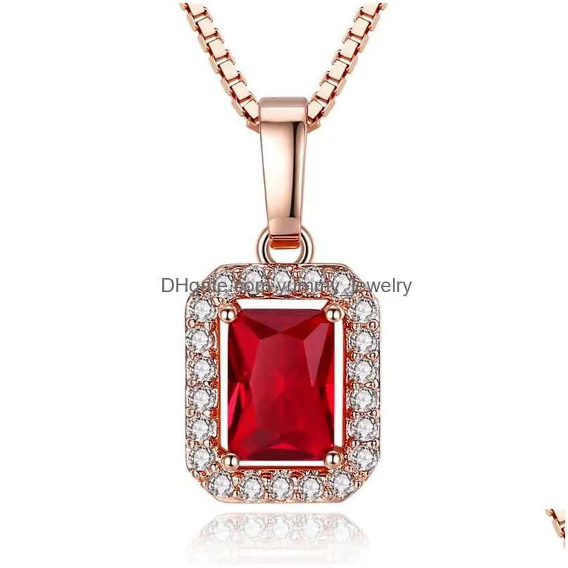 fashion luxury rose gold square pendant necklace women wedding engagement red crystal rhinestone zircon necklaces cubic zirconia party jewelry gift for