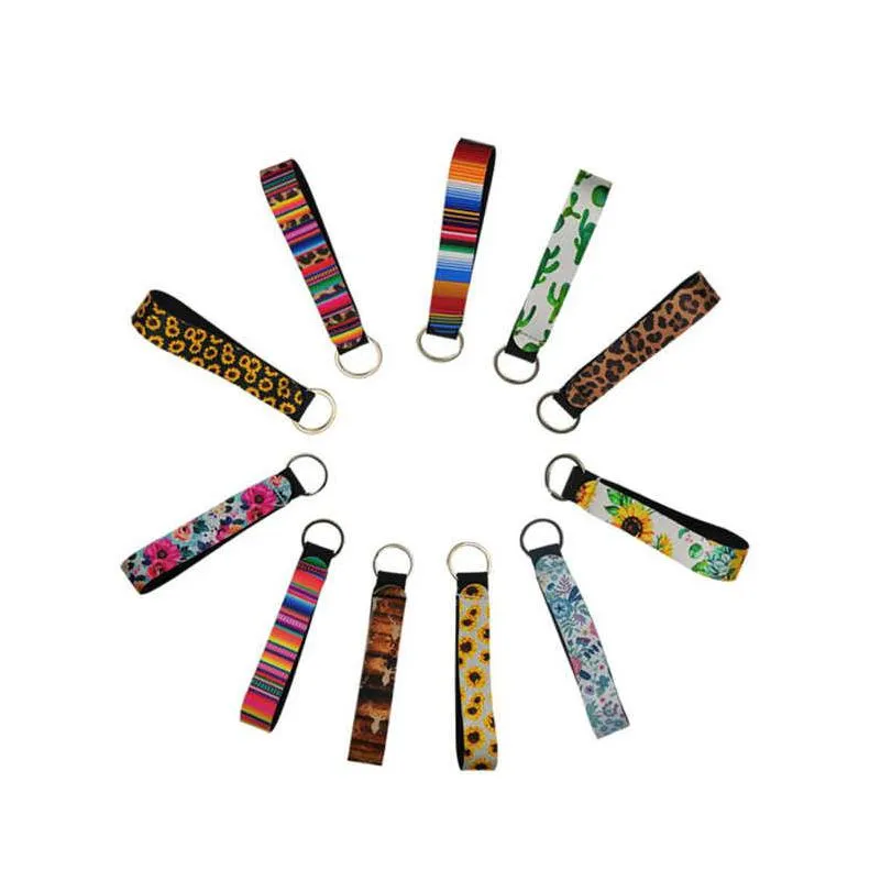 22 styles wristband keychains favor floral printed key chain neoprene key ring wristlet keychain party wholesale lanyard wrist strap for women