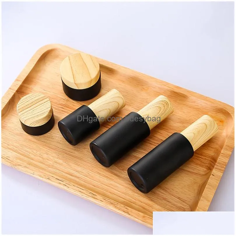 black frosted glass cream bottle cosmetic lotion spray pump bottles empty refillable jars with wood grain plastic lids