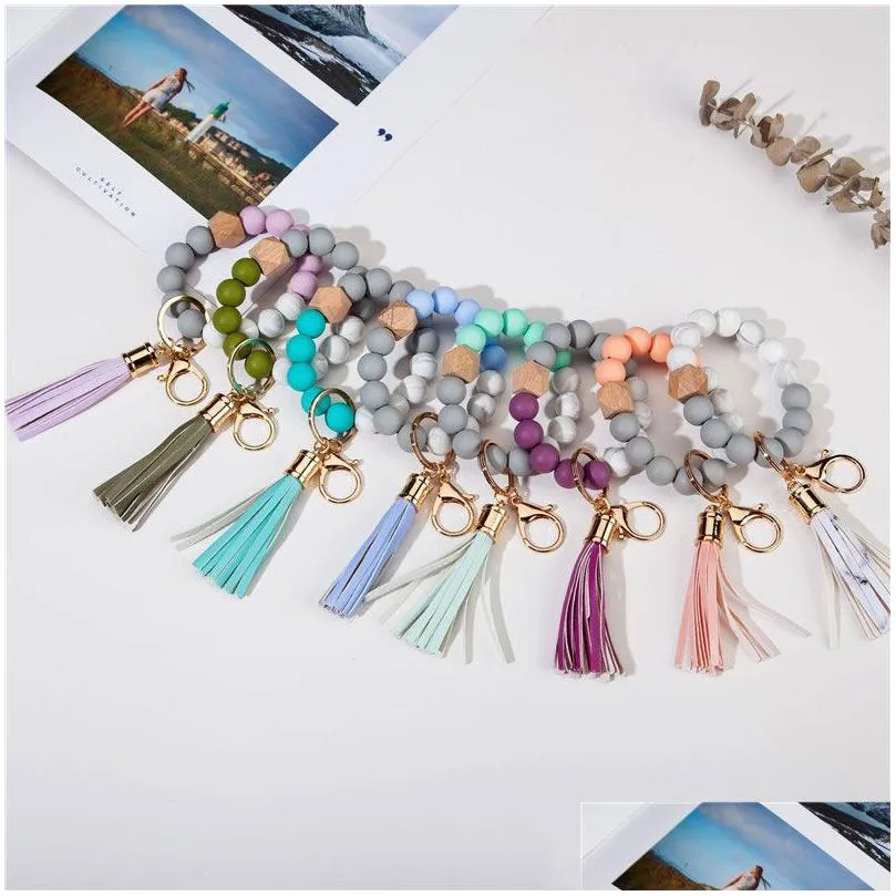 14 colors silicone key ring bracelet beaded wrislet keychain portable house car keys ring holder with tassel keyring bangle for women