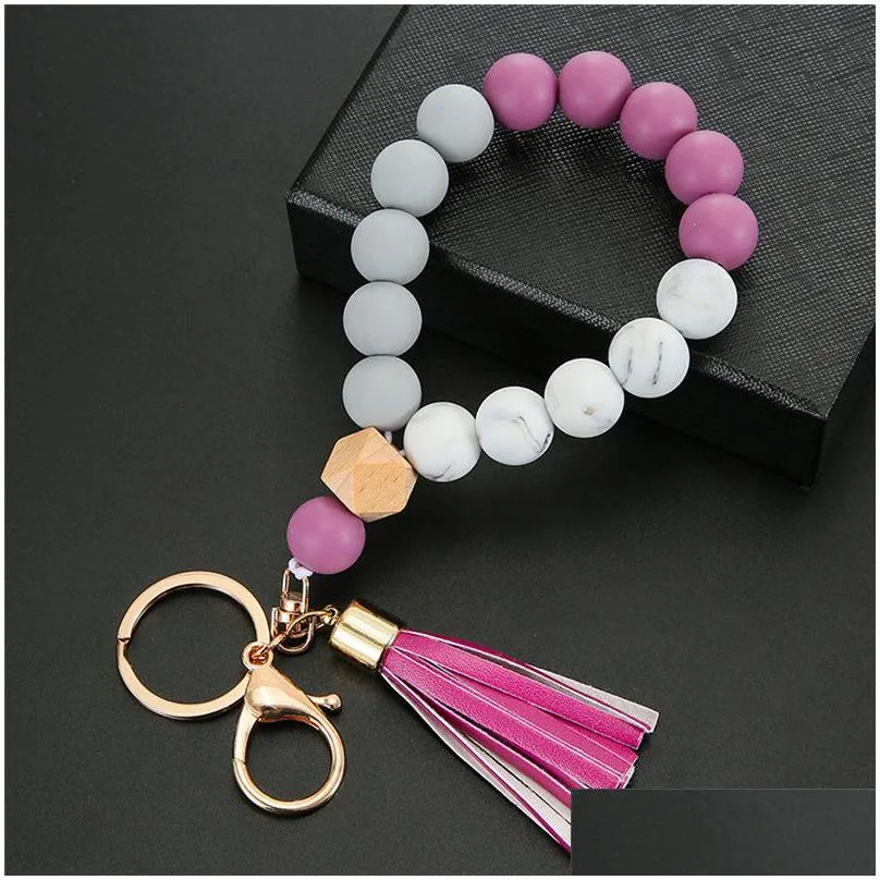 silicone key ring bracelet beaded wrislet keychain portable house car keys holder tassel chain wooden wristlet bangle elastic keyrings chains for women