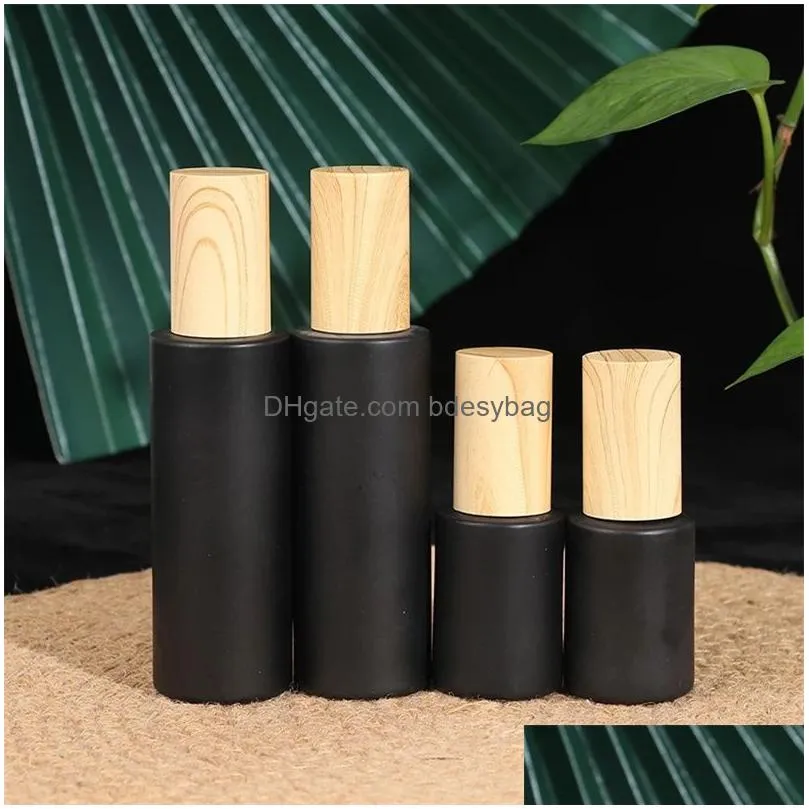 5g 10g 15g 20g 30g 50g 60g 80g 100g black frosted glass cream bottle cosmetic lotion spray pump bottles empty refillable jars container with wood grain plastic