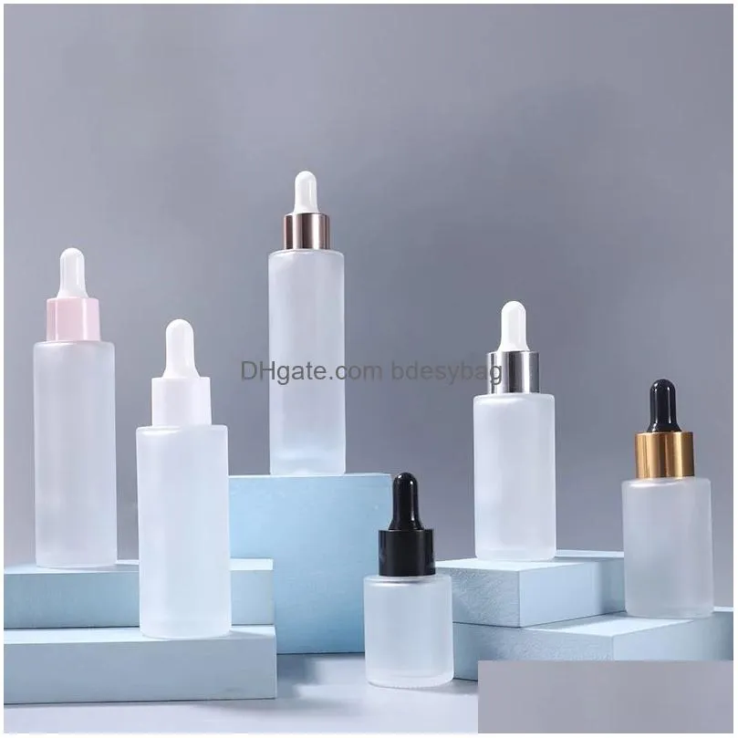 empty transparent frosted clear flat shoulder glass dropper bottle with pipette for serum  oil