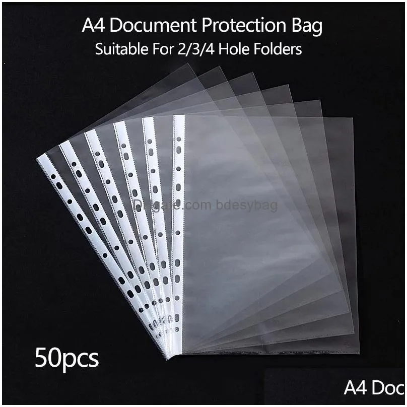 100pcs/set a4 plastic punched pockets folders filing 11 holes pvc loose leaf documents sheet protectors