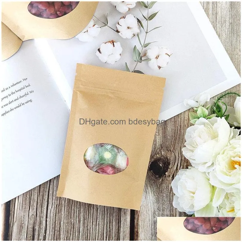 kraft paper bags reusable sealing food pouches stand-up fruit tea gift package with transparent window storage packing bag