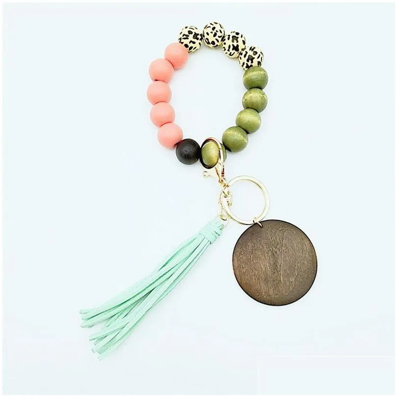 personalized high quality colorful wooden bead wrist stretch disc keychain tassel wristlet bracelet key rings silicone keys wood beads keyring women