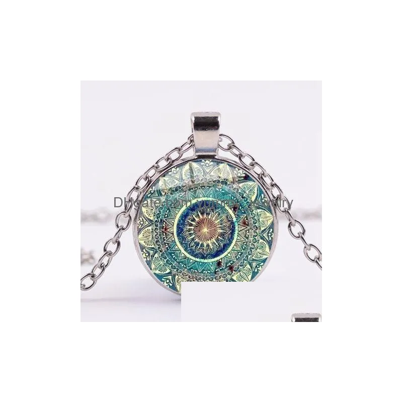 charm mandala art picture glass necklace buddhism chakra om india yoga symbol crystal pendant flowers jewelry for uni