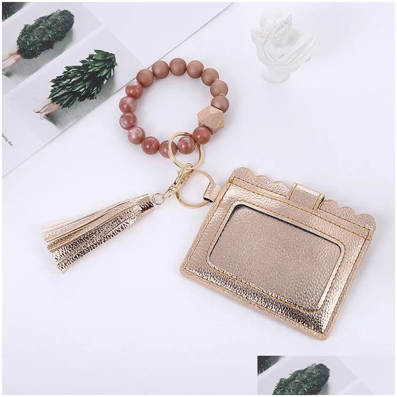 17 colors fashion pu leather bracelet wallet keychain party bangle key ring holder card bag silicone beaded wristlet handbag women wrist car rings with