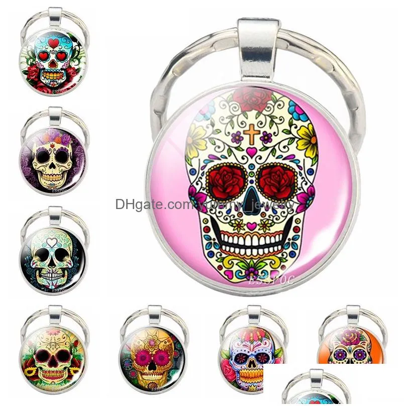 cute keychain mexico folk art colorful sugar skull glass pendant metal keyring day of the dead jewelry gift halloween gift