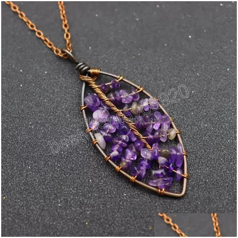 leaf reiki healing stones necklaces 7 chakra crystal tree of life colorful natural gemstone leaves pendulum pendant necklace for women gifts fashion yoga