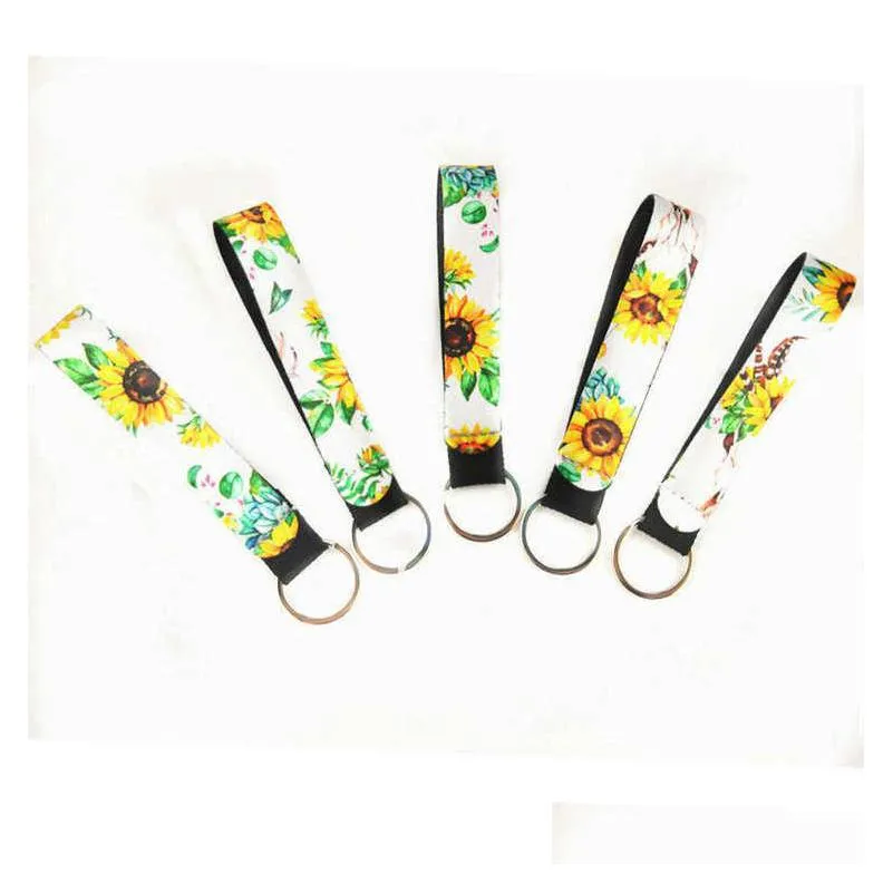 22 designs wristband keychain party floral printed chain neoprene key ring wristlet lanyard wrist strap hand for women girl id badge card