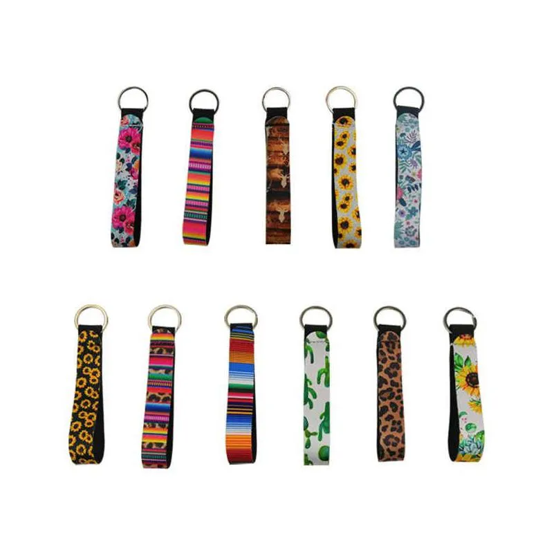22 styles wristband keychains favor floral printed key chain neoprene key ring wristlet keychain party wholesale lanyard wrist strap for women
