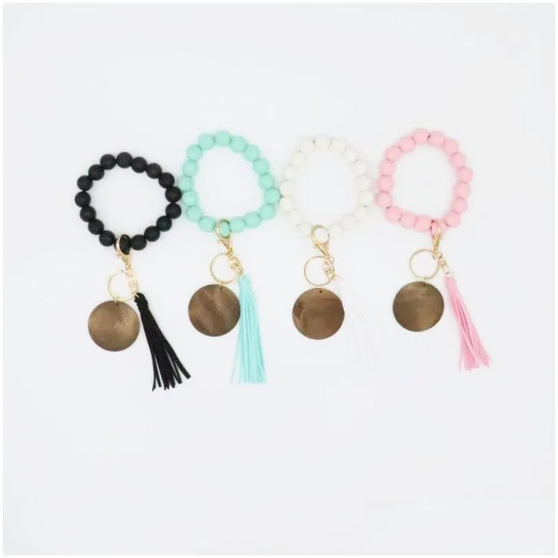 fashion wooden bead bracelet party beech tassel keychain pendant leather bracelets ladies jewelry keychains wood wrist disc wristlet beaded key