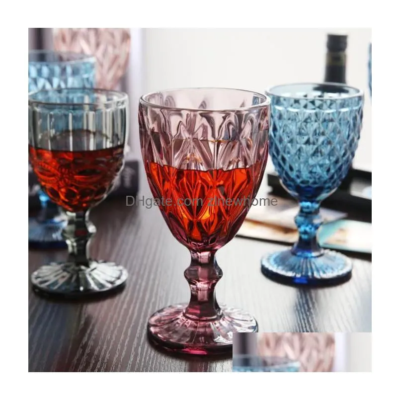 vintage glass goblets embossed stemmed glasses assorted colored drinking glasses for wine water juice beverage 064528