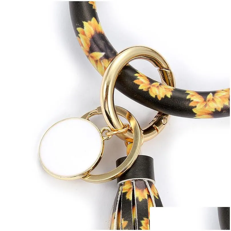 women tassels bracelets pu leather wrap key ring leopard lily print wristband sunflower circle bangle chains wristlet fashion key chain tassel round