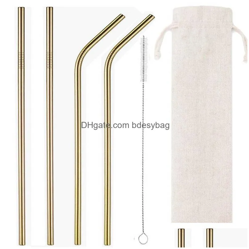 6pcs set stainless steel straws with cleaning brush and pouch reusable straight bent metal drinking straw for fruit juice milk