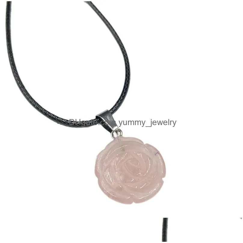 rose flower necklace with rope chain natural stone pink crystal quartz pendant necklaces for women girls fashion design jewelry anniversary valentines day