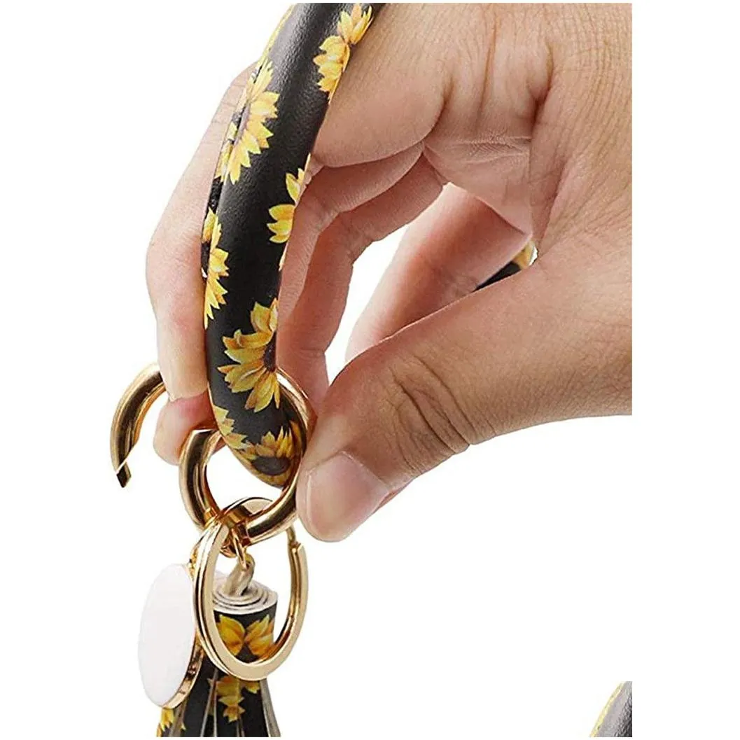 fashion women tassels bracelets bangle pu leather party wrap key ring leopard lily print keychain sunflower flag pattern circle chains keys holder