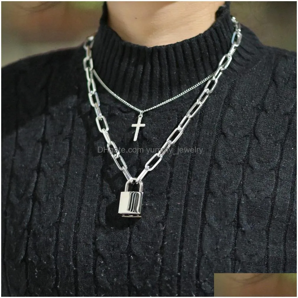 punk cross lock necklace double layer chains necklaces pendants fashion women hip hop jewelry will and sandy gift