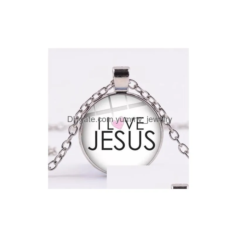 new christian fish ichthus jesus necklace i love jesus glass gem letter print charm pendant religion culture gift jewelry