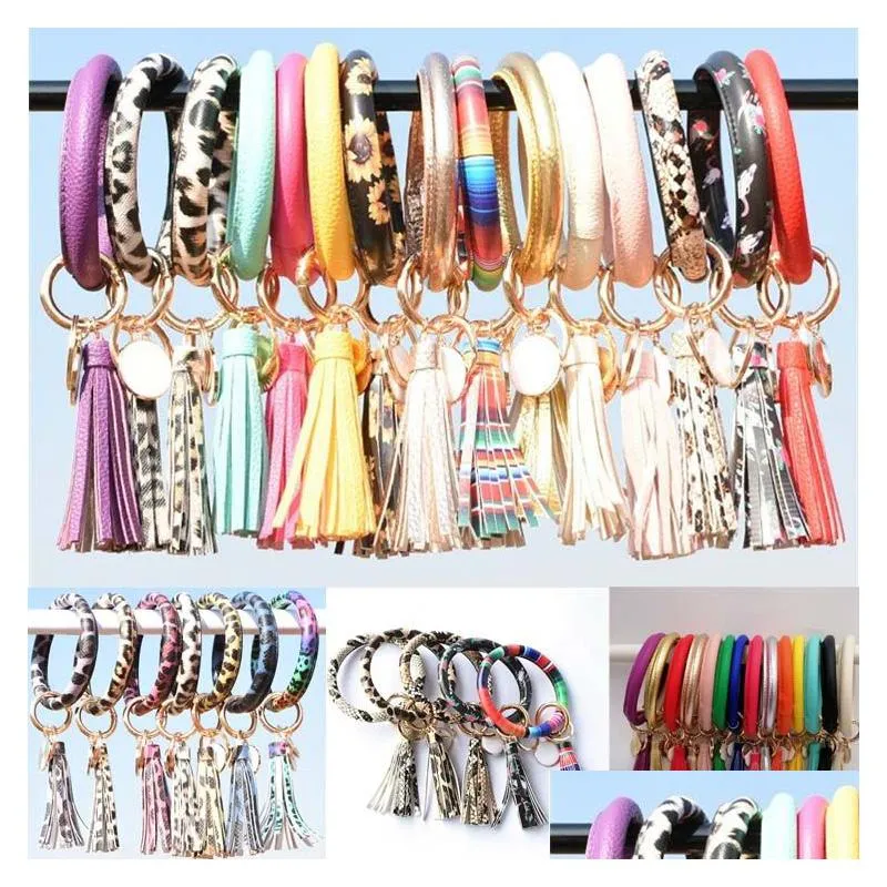 fashion women sunflower pattern tassel bracelets pu leather wrap key ring leopard lily print keychain keyring circle bangle chain wristlet bracelet holder for