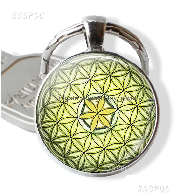 flower of life keychain yoga pendant mandala key chain fashion glass cabochon sacred geometry jewelry handmade gift for women