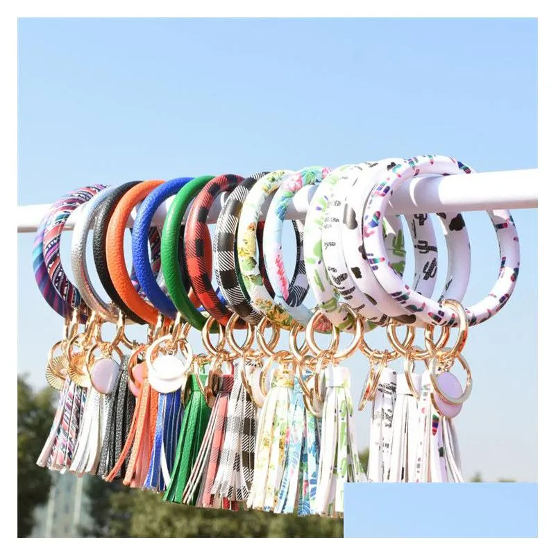 56 styles pu leather wrap key ring women girl tassel bracelets leopard lily sun flower wristlet keychain wristband sunflower bangle