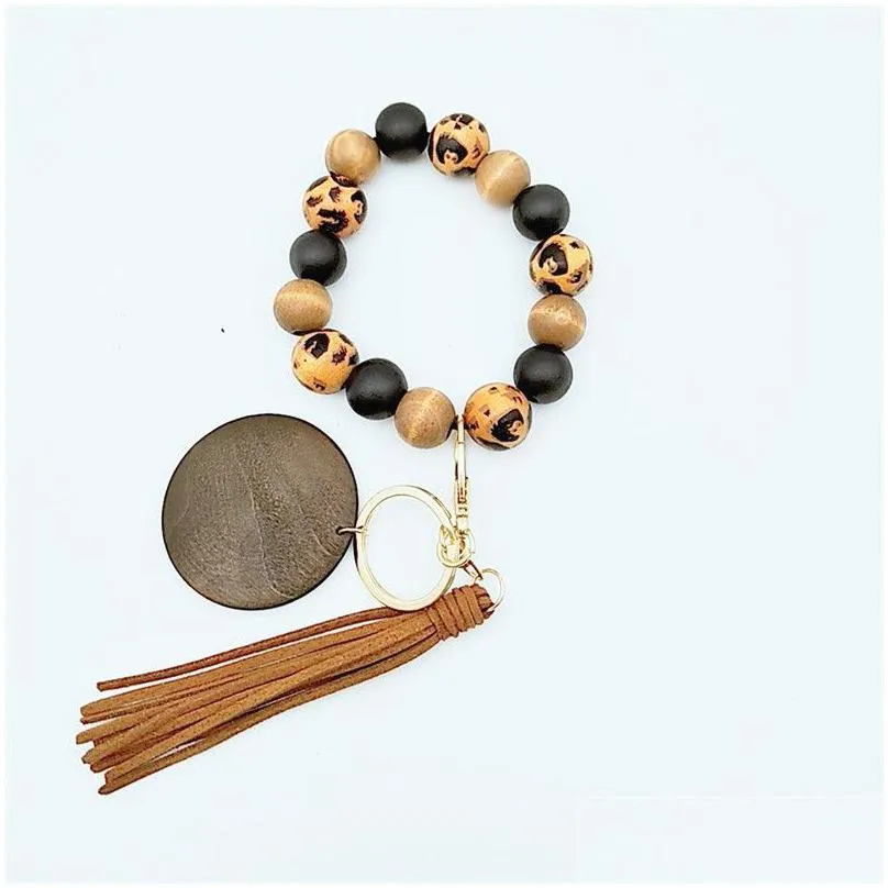 leopard print keychain bracelet women wooden beaded bangle key ring wristlet leather tassel for girl keyring portable house car keys holder dizzy creek