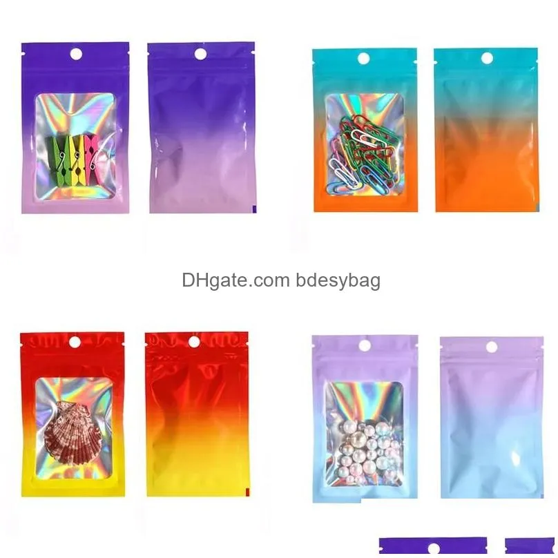 100pcs lot gradient color flat zipper bags holographic aluminum foil pouch cosmetics gift retail bags with hang hole