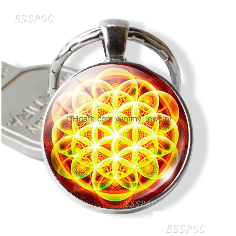 flower of life keychain yoga pendant mandala key chain fashion glass cabochon sacred geometry jewelry handmade gift for women