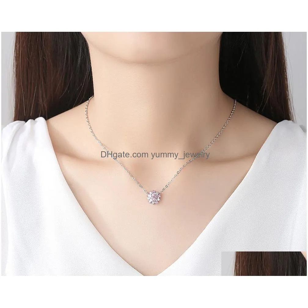 crystal flower pendant necklaces women silver link chain pink sakura cherry valentines day christmas jewelry birthday gifts for girl