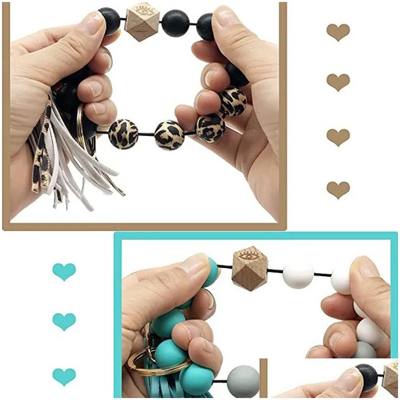 keychains for women silicone bead car key chain ring bracelet wristlet gift keychain beaded keys keyring holder food grade female wooden string girl