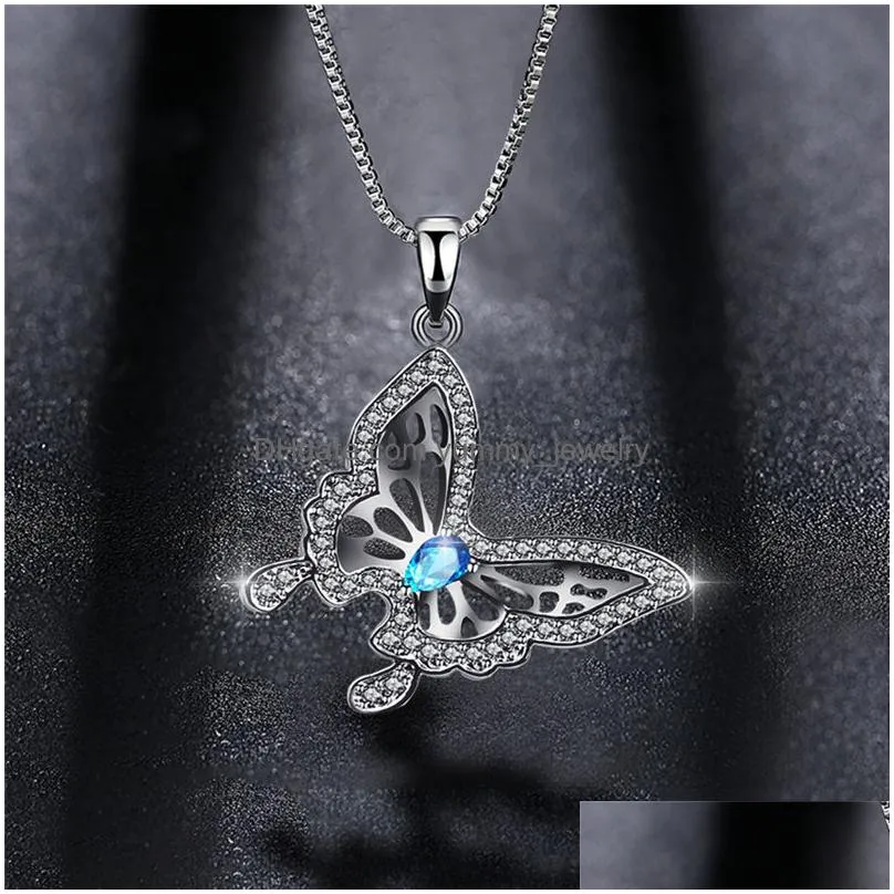 fashion butterfly necklaces wing pendants chain crystal rhinestone 925 silver women clavicle necklace pendant charm blue jewelry for