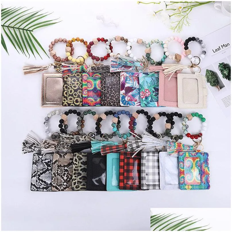 17 colors fashion pu leather bracelet wallet keychain party bangle key ring holder card bag silicone beaded wristlet handbag women wrist car rings with