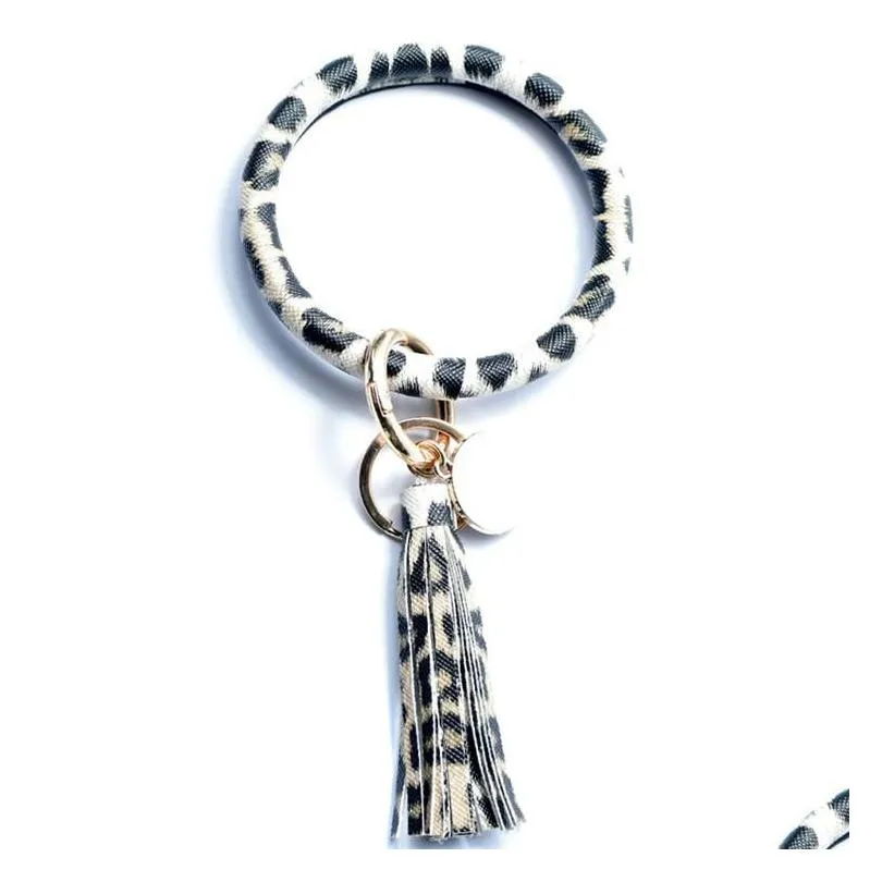 women tassel party bracelets pu leather wrap key ring leopard lily print keychain keyring wristband sunflower circle bangle chain